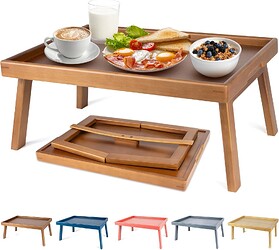 Bamboo Bed Table Tray with Support Bar and Foldable Legs
