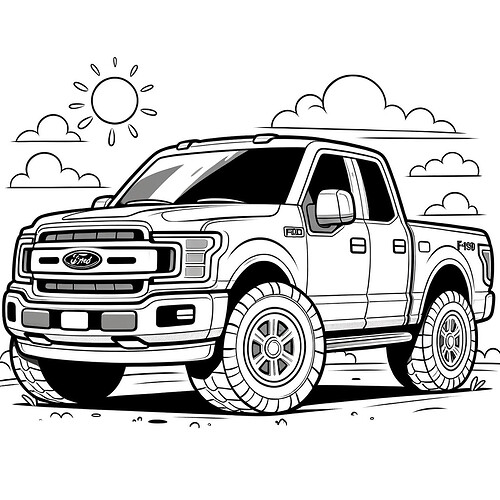 DALL·E 2023-11-15 12.50.34 - A simple, black and white outline drawing of a Ford F-150 truck suitable for a children's coloring book. The truck should be depicted in a cartoonish,