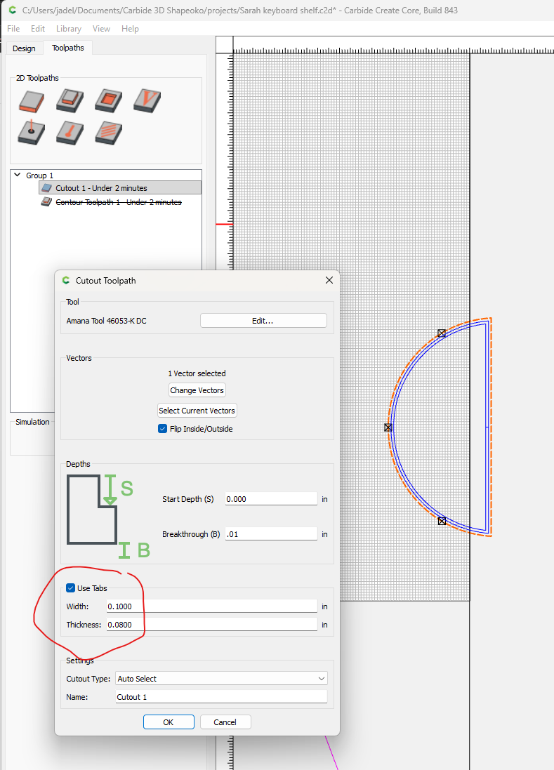 CC ver 843 cutout toolpath tabs error in simulation - Carbide Create ...